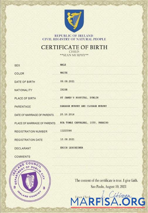 Realistic Ireland vital record birth certificate PSD template